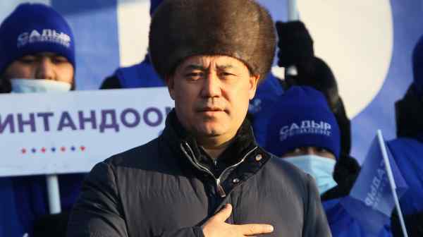 Kyrgyzstan&nbsp;presidential candidate Sadyr Japarov&nbsp;attends an election rally on Dec. 30. As recently as October, he was serving a 10-year sentence for organizing a kidnapping.