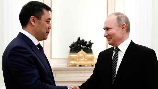 Kyrgyz President Sadyr Japarov and Russian President Vladimir Putin meet in Moscow on Feb. 24: They are due to meet again in Sochi.