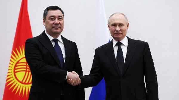 Kyrgyz President Sadyr&nbsp;Japarov meets with Russian President Vladimir Putin&nbsp;in Kazan, Russia, on Feb. 21. Kyrgyzstan's parliament recently passed a law on "foreign agents" similar to legislation Moscow imposed over a decade ago.&nbsp;(Sputnik via Reuters)