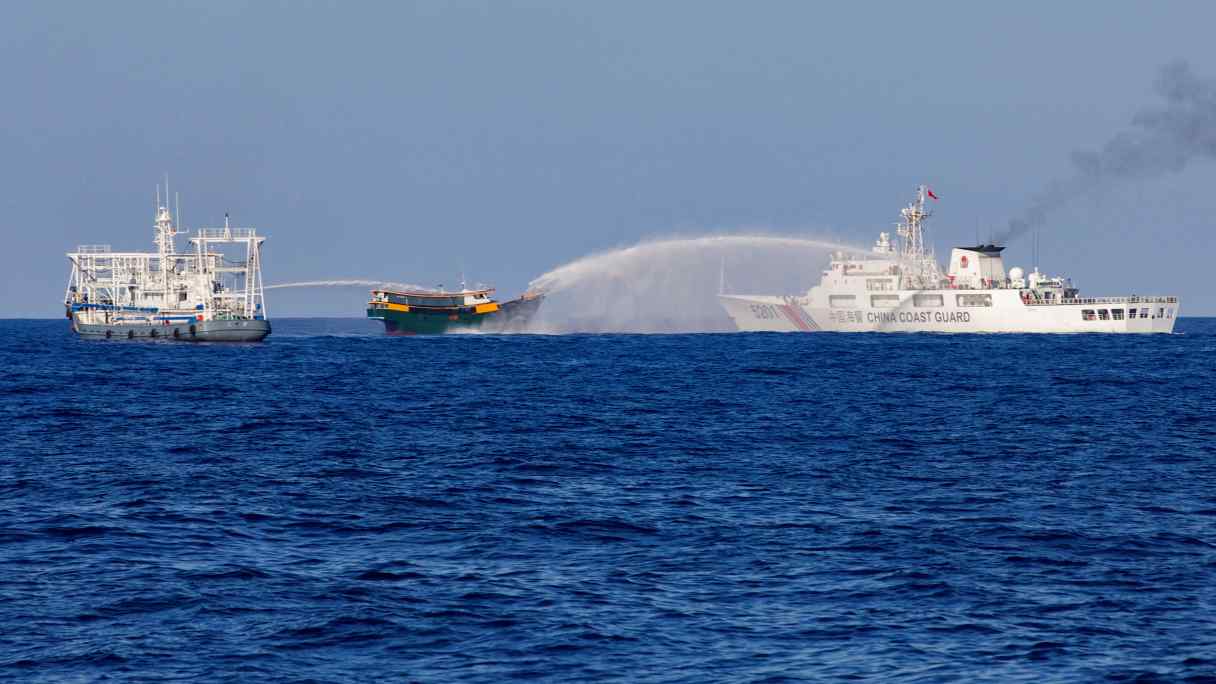 Chinese Coast Guard vessels fire water cannons towards a Philippine resupply vessel&nbsp;in the&nbsp;South&nbsp;China&nbsp;Sea in May.&nbsp;