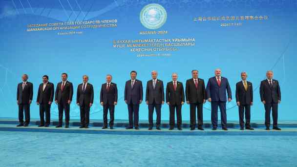 Leaders of the Shanghai Cooperation Organization -- including China's Xi Jinping, Russia's Vladimir Putin and the Kazakh host&nbsp;Kassym-Jomart Tokayev -- pose for a group photo in Astana on July 4.