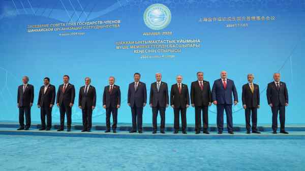 Leaders of the Shanghai Cooperation Organization -- including China's Xi Jinping, Russia's Vladimir Putin and the Kazakh host&nbsp;Kassym-Jomart Tokayev -- pose for a group photo in Astana on July 4.