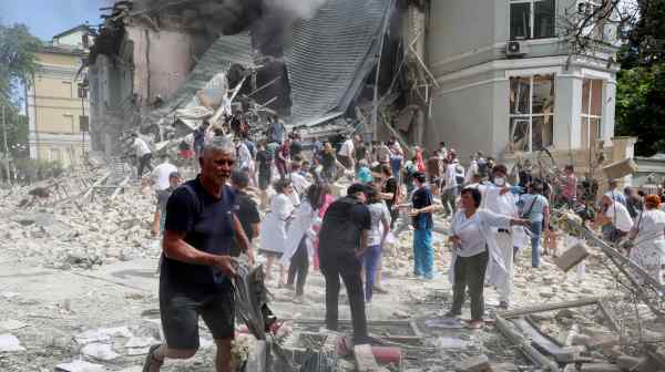 Rescuers work at Ohmatdyt Children's Hospital in Kyiv&nbsp;on July 8 after&nbsp;deadly Russian missile strikes. Ukraine's ambassador in Seoul&nbsp;says the attack shows why his country needs South Korean air defense technology.