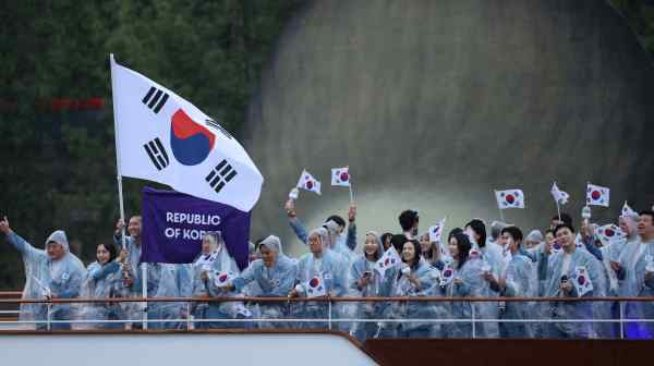 South Korean athletes during the floating parade on the Seine during the Olympic opening ceremony in Paris on July 26.&nbsp;