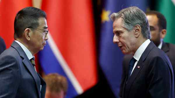 U.S. Secretary of State Antony&nbsp;Blinken, right,&nbsp;with Thailand's Foreign Minister Maris Sangiampongsa at&nbsp;the&nbsp;ASEAN Regional Forum in Vientiane on&nbsp;July 27.