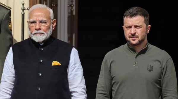 Indian Prime Minister Narendra Modi, left, and Ukrainian President Volodymyr Zelenskyy meet in Kyiv on Aug. 23 amid Russia's ongoing war with Ukraine.