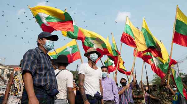 Supporters of the Myanmar&nbsp;military take part in January 2021 demonstration in Yangon. The military has been in control of the government since February 2021.