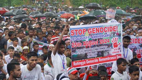 Rohingya refugees gather in Cox's Bazar, Bangladesh, on Aug. 25 to mark the seventh anniversary of their fleeing from neighboring Myanmar to escape a military crackdown in 2017.