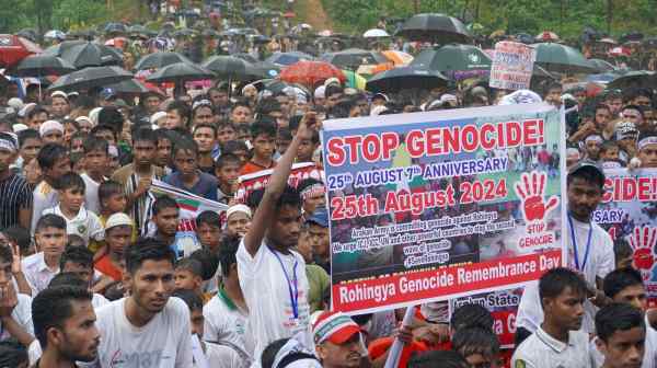 Rohingya refugees gather in Cox's Bazar, Bangladesh, on Aug. 25 to mark the seventh anniversary of their fleeing from neighboring Myanmar to escape a military crackdown in 2017.