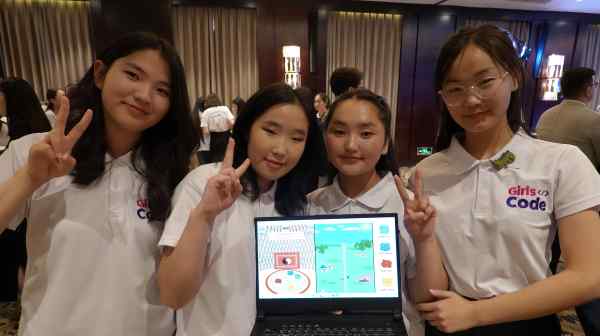 The members of team&nbsp;Future Programmer Girls proudly display the&nbsp;online game they developed during the Girls for Coding program in Ulaanbaatar.&nbsp;(Photo by&nbsp;Johan Nylander)