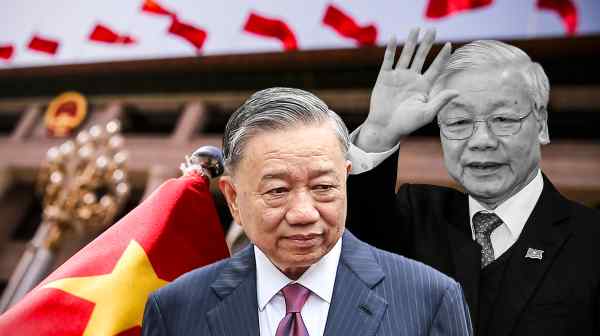 With To Lam, center, assuming&nbsp;interim leadership of the Vietnamese&nbsp;Communist Party after the death of Nguyen Phu Trong, right, observers wonder whether the former security chief&nbsp;may be more influenced by China than the U.S. (Nikkei montage/Source photos by AFP/Jiji, EPA/Jiji and AP)&nbsp;