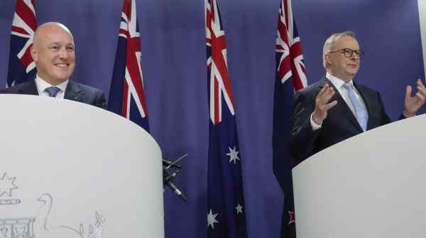 Australian Prime Minister Anthony Albanese, right, and New Zealand Prime Minister Christopher Luxon hold a joint press conference at the Commonwealth Parliament Offices in Sydney on Dec. 20.