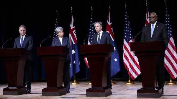 From left: Australian Defense Minister Richard Marles, Australian Foreign Minister Penny Wong, U.S. Secretary of State Antony Blinken and U.S. Defense Secretary Lloyd Austin hold&nbsp;a news conference at the United States Naval Academy in Annapolis, Maryland, on Aug. 6.