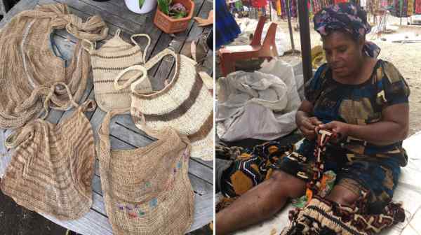 Left: Bilums from the&nbsp;author's collection&nbsp;made of traditional bark and sisal fibers, with the odd daub or strip of modern color in two cases. Right:&nbsp;A bilum trader at&nbsp;Port Moresby's Four Mile handicraft market makes a bilum out of modern materials while waiting for customers. (All photos by Hamish McDonald)