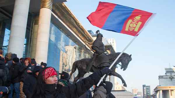 Protesters gather on the steps of the State Palace in Ulaanbaatar in December 2022: Demonstrations have been an important part of the social landscape.