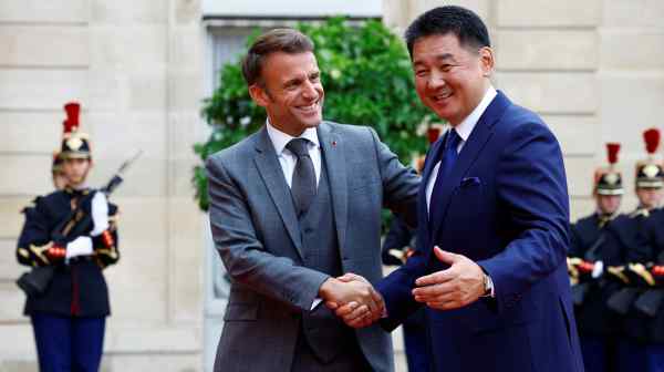 President Emmanuel Macron welcomes his Mongolian counterpart Ukhnaagiin Khurelsukh to&nbsp;the Elysee Palace in Paris as part of his state visit.