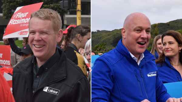 New Zealand Prime Minister and Labor leader Chris Hipkins, left, during a demonstration in Wellington on Oct. 6, and opposition leader Chris Luxon campaigning for the National Party on Oct. 11.