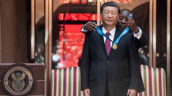 South African leader Cyril Ramaphosa bestows the Order of South Africa to China's Xi Jinping in Pretoria in August