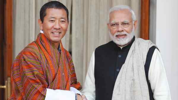 Bhutanese&nbsp;Prime Minister Lotay Tshering, left, with&nbsp;Indian counterpart Narendra Modi in New Delhi in 2018: India is the de facto security guarantor of Bhutan, a diplomatic minnow.