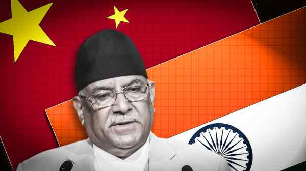 Nepal's prime minister, Pushpa Kamal Dahal, is balancing&nbsp;Kathmandu's relations with giant neighbors India and China.&nbsp;(Nikkei montage/Getty Images and AP)