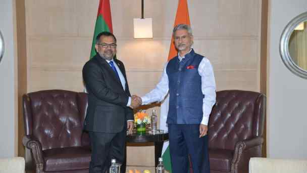 India's External Affairs Minister S. Jaishankar, right, on May 9 met his visiting Maldivian counterpart, Moosa Zameer, in New Delhi. (Photo from Zameer's X account)