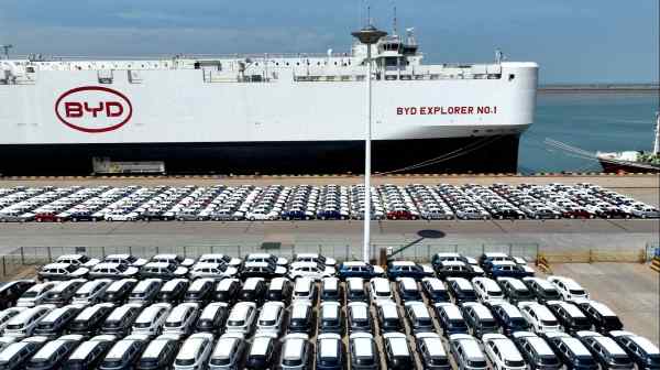 A BYD vehicle carrier prepares to ship EVs to Brazil from Lianyungang port in China.