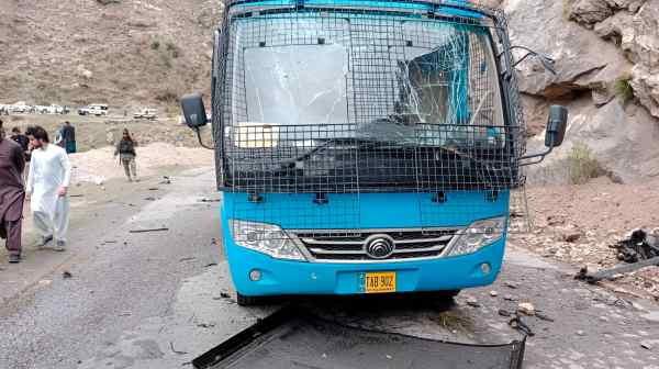 A damaged bus at the scene of a suicide bomb attack that killed five&nbsp;Chinese nationals in&nbsp;Pakistan on March 26.&nbsp;&nbsp;