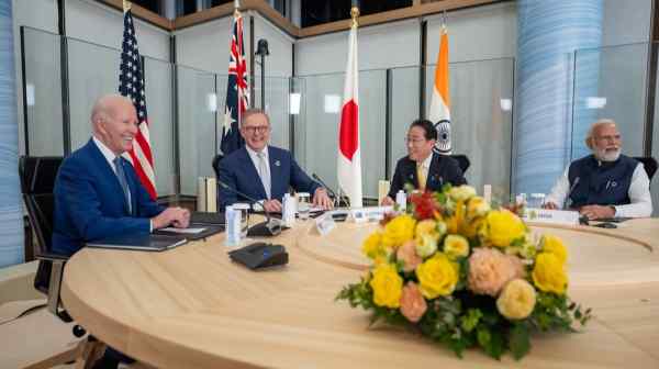 President Joe Biden, left, attends a meeting of the Quad&nbsp;with Australian Prime Minister Anthony Albanese, Japanese Prime Minister Fumio Kishida and Indian Prime Minister Narendra Modi on May 20, 2023, at the Grand Prince Hotel in Hiroshima, Japan. (White House photo)