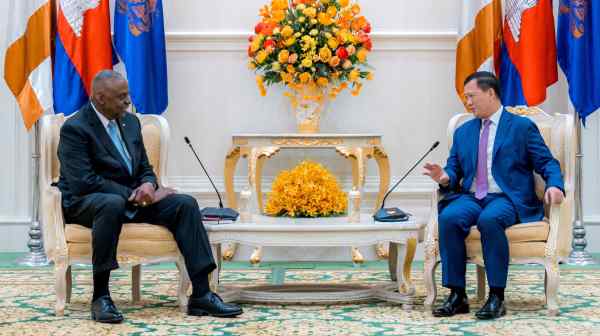 U.S. Defense Secretary Lloyd Austin meets with Cambodian Prime Minister Hun Manet during a meeting in Phnom Penh, Cambodia, June 4.