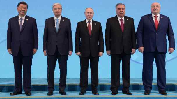 Kazakh President Kassym-Jomart Tokayev, second left, hosts the leaders of China, Russia, Tajikistan and Belarus at the&nbsp;Shanghai Cooperation Organization (SCO) summit in Astana on July 4.