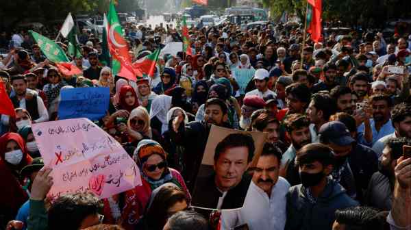 Supporters of former Prime Minister Imran Khan's party, the Pakistan Tehreek-e-Insaf (PTI), gather during a protest demanding free and fair results of the elections in Karachi on Feb. 11.