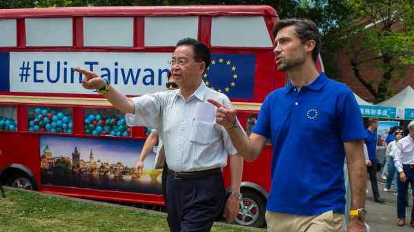 Joseph Wu, Taiwan's previous foreign minister, left, and&nbsp;Filip Grzegorzewski, head of the European Union office in Taipei, commemorate 20 years of ties between the EU and Taiwan in Taipei in June 2023.