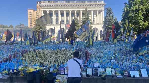 Maidan Independence Square in Kyiv is covered with flags planted for&nbsp;fallen soldiers. (Photo by Eiji Furukawa)&nbsp;