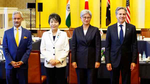 From left, Indian External Affairs Minister Subrahmanyam Jaishankar, Japanese Foreign Minister Yoko Kamikawa, Australian Foreign Minister Penny Wong and U.S. Secretary of State Antony Blinken pose as they attend a Quad foreign ministers' meeting in&nbsp;Tokyo on July 29.&nbsp;&nbsp;