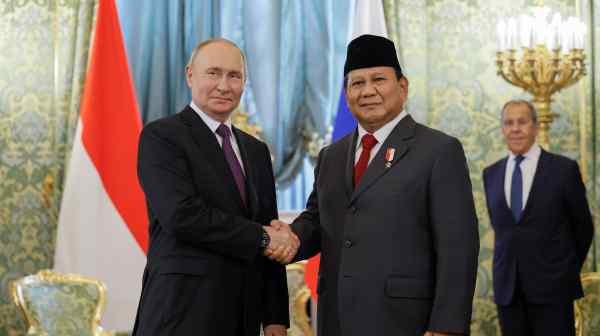 Russian President Vladimir Putin received Prabowo Subianto, Indonesia's defense minister and president-elect, at the Kremlin in Moscow on July 31. &nbsp;