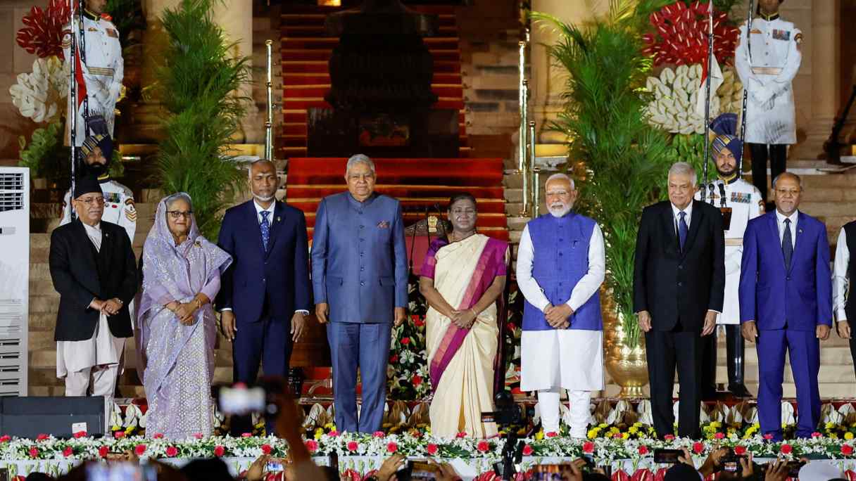 Maldives&nbsp;President Mohamed Muizzu, third from left, attends Indian Prime Minister Narendra Modi's swearing-in ceremony at the presidential palace in New Delhi on June 9.