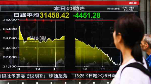 Japanese stocks have been in a downward spiral since Aug. 1, a day after the Bank of Japan aggressively raised interest rates to 0.25% from 0.1% and said it was open to more hikes this year. (Photo by Satoko Kawasaki)