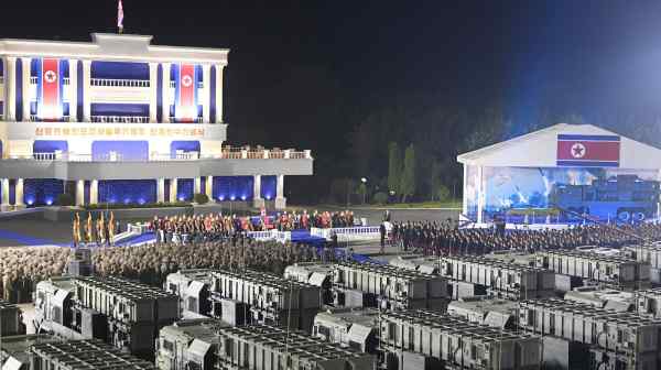 North Korea held a ceremony Aug. 4&nbsp;to mark the handover of missile launchers to forces stationed near the South Korean border. (KCNA via Reuters)