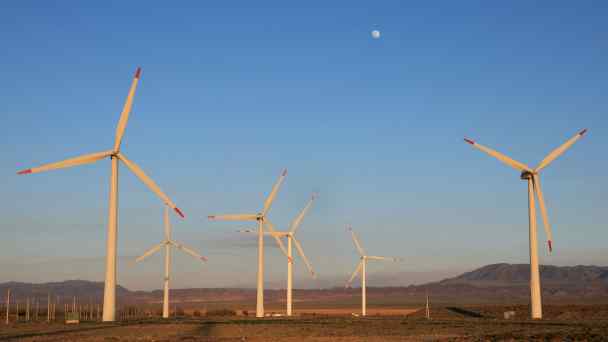 A wind farm operates in Kazakhstan. Clean energy is a major part of Japan's planned business deals in Central Asia.