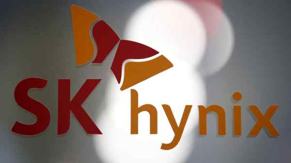 The logo of SK Hynix is seen at its headquarters in Seongnam.