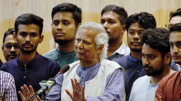 Nobel laureate Muhammad Yunus, who was recommended by Bangladeshi student leaders as the head of the interim government, speaks during a press briefing as he arrives at the Hazarat Shahjalal International Airport in Dhaka on Aug. 8.