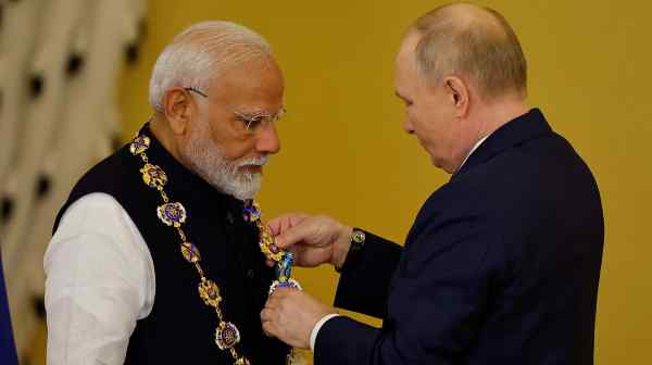 Putin awards India's Modi with the Order of St. Andrew the Apostle the First-Called at the Kremlin in Moscow, Russia on July 9.