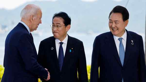 U.S. President Joe&nbsp;Biden,&nbsp;Japan&rsquo;s Prime Minister Fumio&nbsp;Kishida&nbsp;and&nbsp;South&nbsp;Korea&rsquo;s President Yoon Suk Yeol attend a photo op on the day of trilateral engagement during the G7 Summit at the Grand Prince Hotel in Hiroshima,&nbsp;Japan, May 21, 2023.