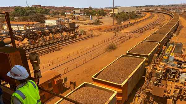 Wagons filled with iron ore enter Rio Tinto's railyard near Karratha, 1,250 kilometers&nbsp;northeast of Perth, Australia, on Oct.&nbsp;20, 2023. Australia shipped $138 billion of iron ore in the year through June.