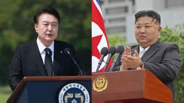 South Korean President Yoon Suk Yeol, left, and North Korean leader Kim Jong Un are expected to closely watch the outcome of the U.S. presidential election. (Source photos by Yonhap and Kyodo)