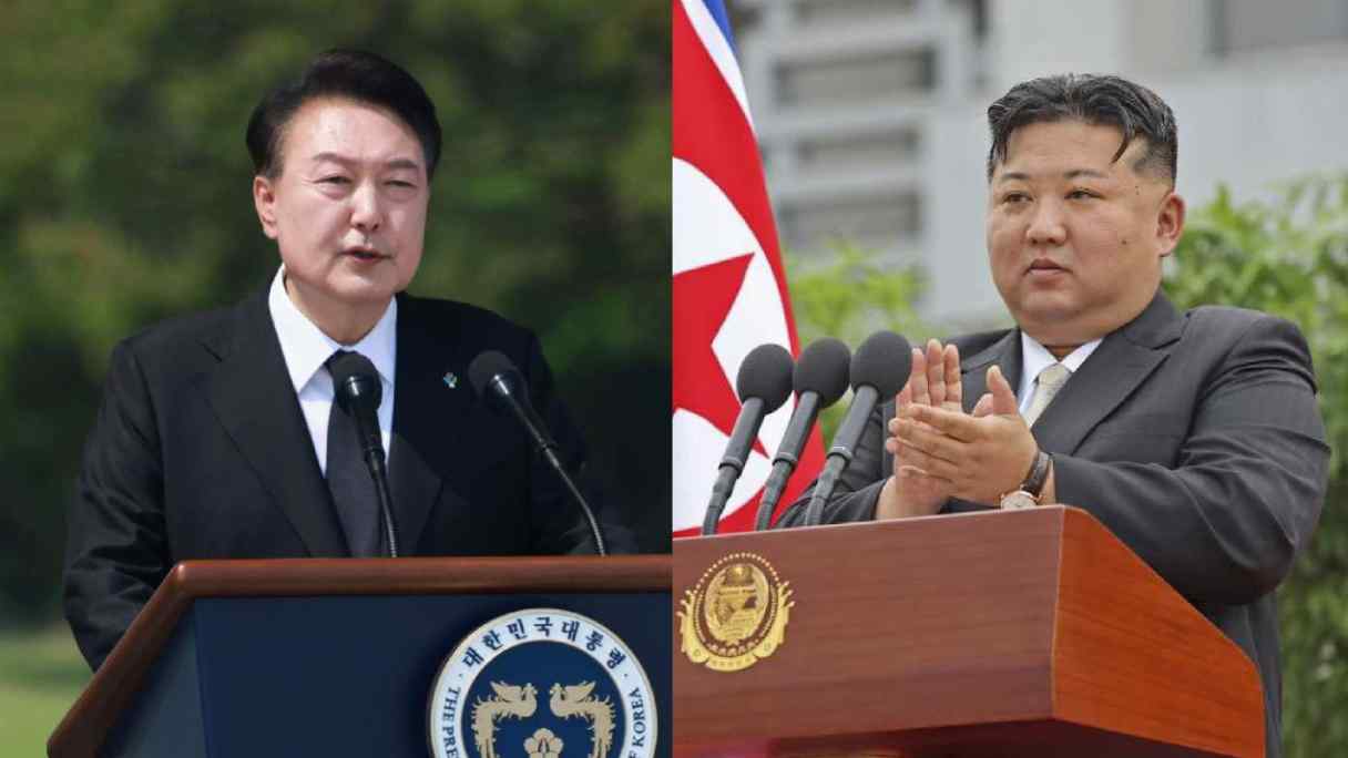 South Korean President Yoon Suk Yeol, left, and North Korean leader Kim Jong Un are expected to closely watch the outcome of the U.S. presidential election. (Source photos by Yonhap and Kyodo)