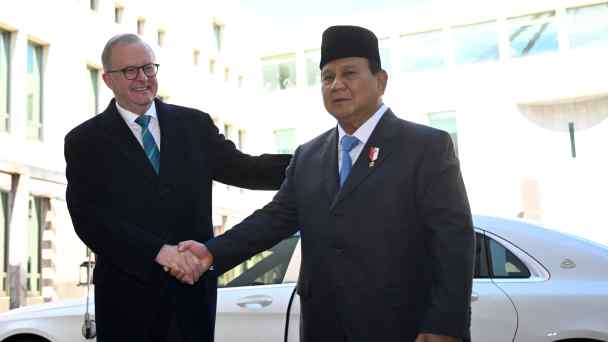 Indonesia's President-elect Prabowo Subianto greets Australia's Prime Minister Anthony Albanese ahead of a meeting at Parliament House in Canberra, on&nbsp;Aug.&nbsp;20. (AAP Image&nbsp;via Reuters)