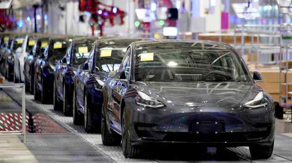 Tesla Model 3 vehicles at its factory in Shanghai, China.