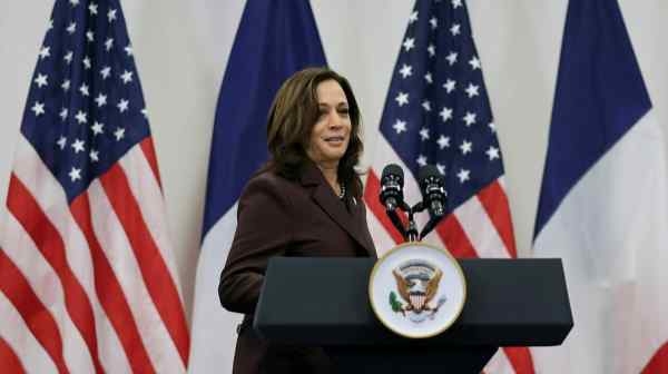 U.S. Vice President Kamala Harris arrives to hold a news conference in Paris in November 2021.