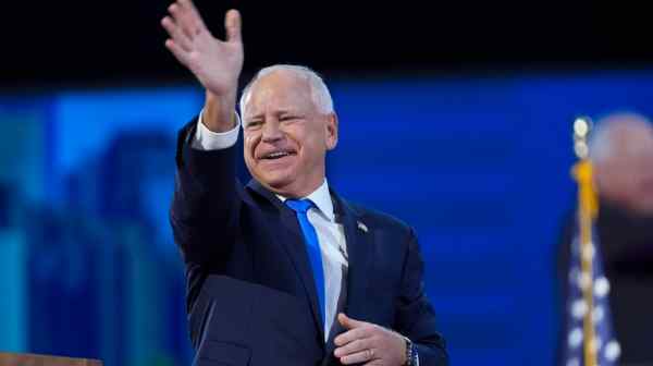 Democratic vice presidential nominee Tim Walz speaks during the Democratic National Convention in Chicago on Aug. 21.